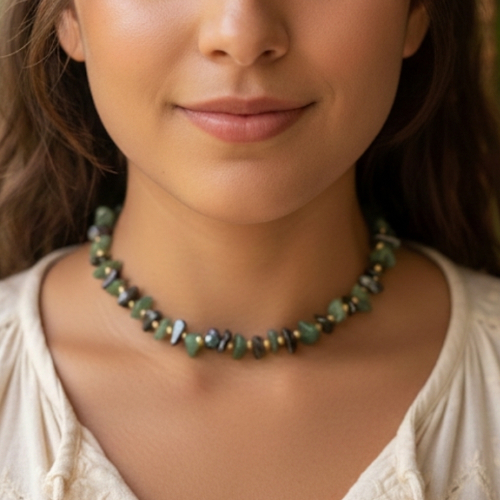 Vintage 90s Green Adventurine Black Hematite Nugget Choker Necklace